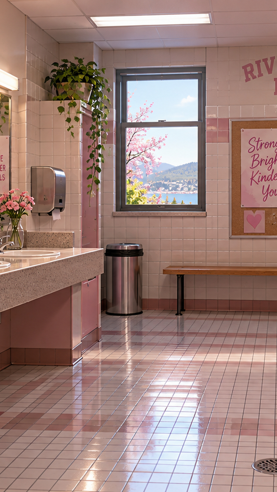 Actual in-game environment artwork depicting a pink-tiled school bathroom