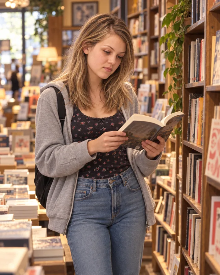 Karlisyn digital character reading a book in a bookstore