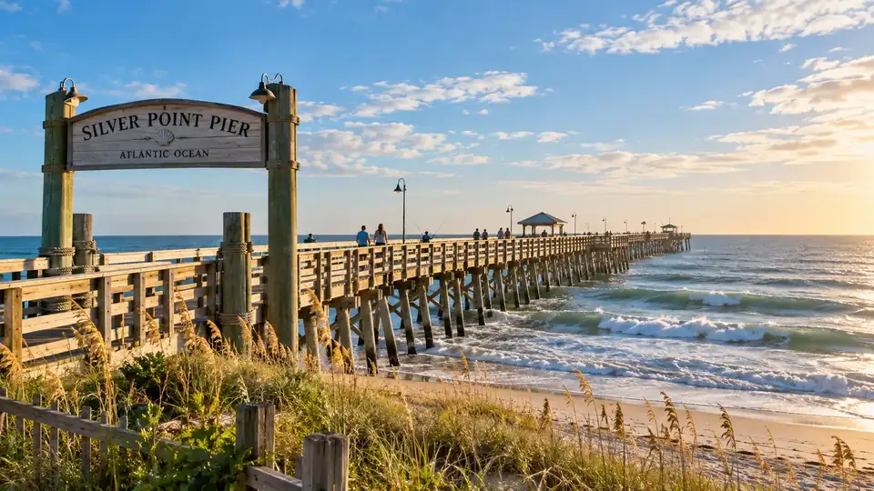 Original artwork of Silver Point Bay pier and coastal shoreline